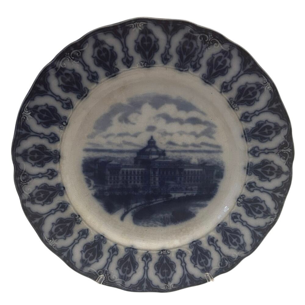 RARE Flow Blue Congressional Library England Washington DC Souvenir Plate BBVF